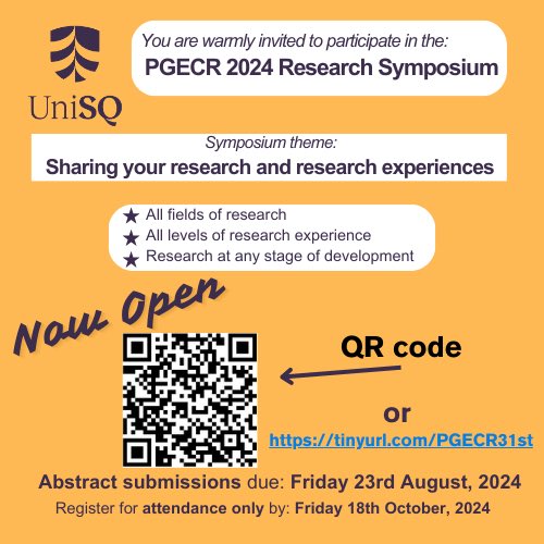 Register for the upcoming UniSQ PGECR Research Symposium. All fields of research and all levels of research experience welcome! #usqPGECR ⁦<a href="/UniSQ_GRS/">UniSQ Graduate Research School</a>⁩ ⁦<a href="/usqedu/">usqedu</a>⁩ ⁦<a href="/unisqaus/">University of Southern Queensland</a>⁩