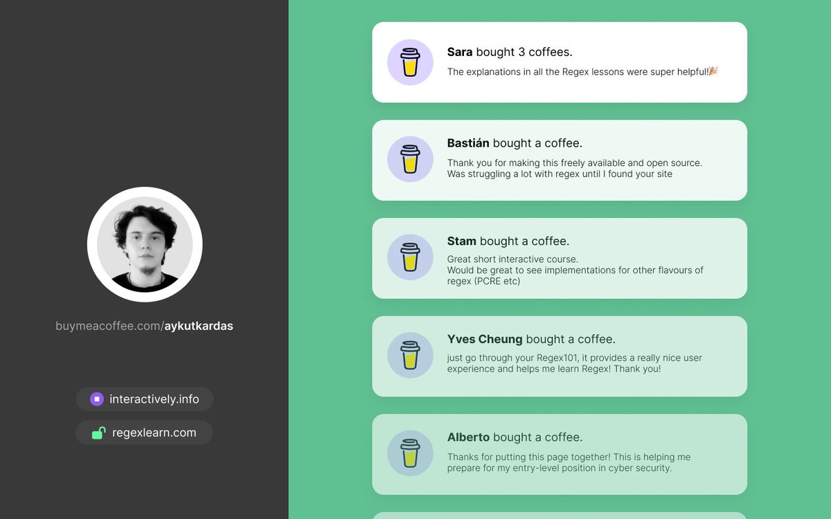 aykutkardas's tweet image. There is now support for 15 languages. ✨
Thanks to everyone for their contributions and support. 

regexlearn[dot]com - #buildinpublic 
🇺🇸 🇹🇷 🇷🇺 🇪🇸 🇨🇳
🇩🇪 🇺🇦 🇫🇷 🇵🇱 🇰🇷
🇧🇷 🇨🇿 🇬🇪 🇮🇷 🇮🇹