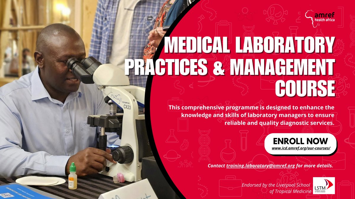 Amref Health Africa (@amref_worldwide) on Twitter photo Are you a lab manager looking to boost your skills? Our course on Medical Laboratory Practices and Management, endorsed by the Liverpool School of Tropical Medicine, is designed just for you. 
Apply now and transform your lab's quality and efficiency! icd.amref.org/our-courses/me… Are you a lab manager looking to boost your skills? Our course on Medical Laboratory Practices and Management, endorsed by the Liverpool School of Tropical Medicine, is designed just for you. 
Apply now and transform your lab's quality and efficiency! icd.amref.org/our-courses/me…