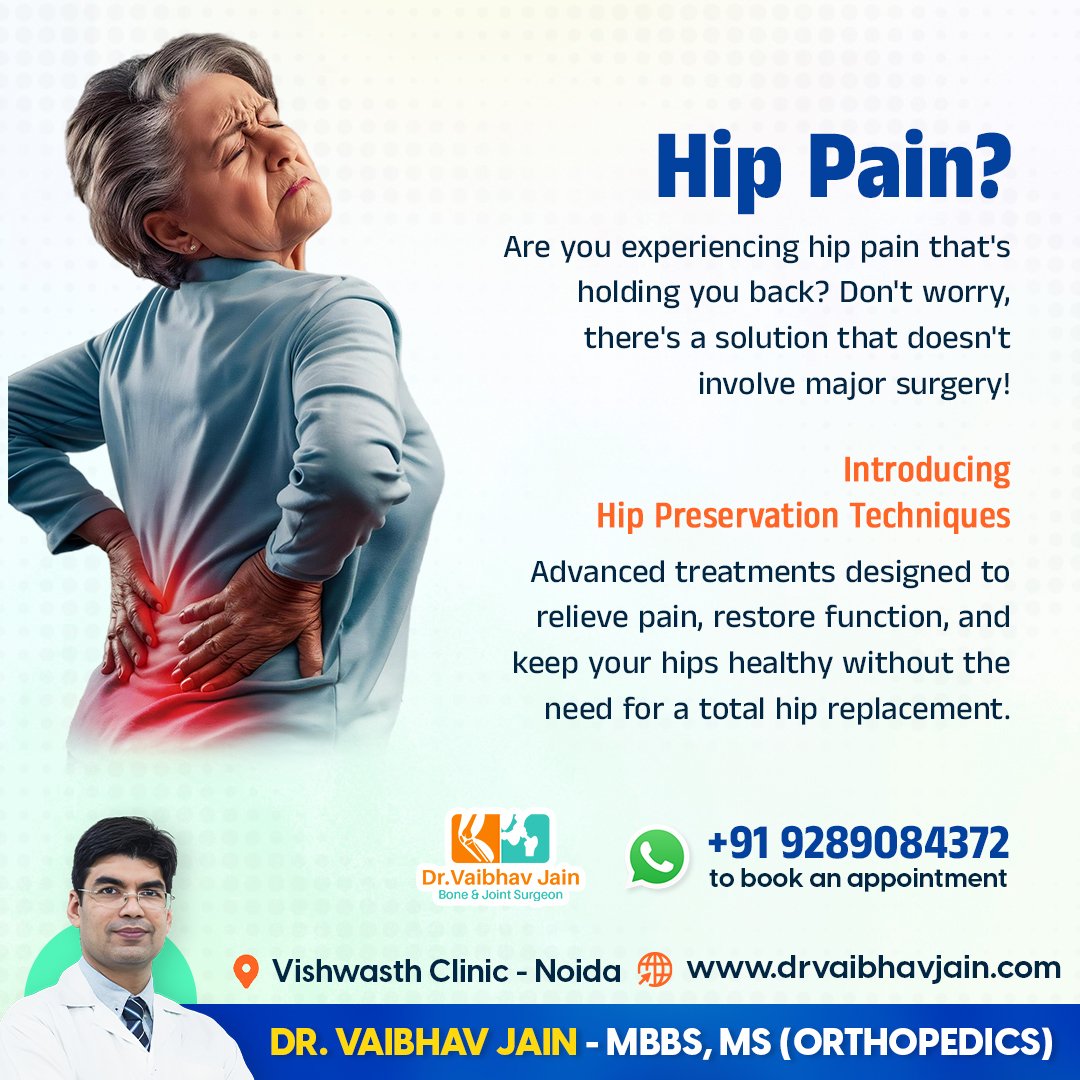drvaibhavjain's tweet image. Hips don&apos;t lie... but they shouldn&apos;t be saying &quot;ouch!&quot;

Advanced treatments designed to relieve pain, restore function, and keep your hips healthy without the need for a total hip replacement.

for Appointment +91 9289084372

#hipproblems #hippreservation #hipreplacement