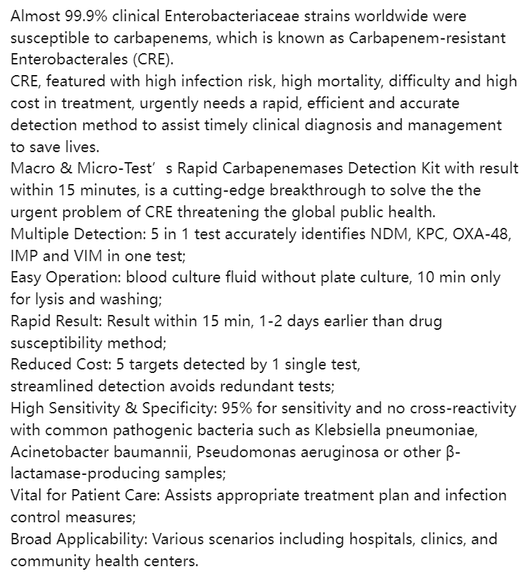 MacroMicroTest's tweet image. Almost 99.9% clinical Enterobacteriaceae strains
Multiple Detection: 5 in 1 test accurately identifies NDM, KPC, OXA-48, IMP and VIM in one test;
mmtest.com/carbapenemase-…
If interested, pls drop an email at: marketing@mmtest.com
#carbapenems #CRE #antibiotic #drug #resistance