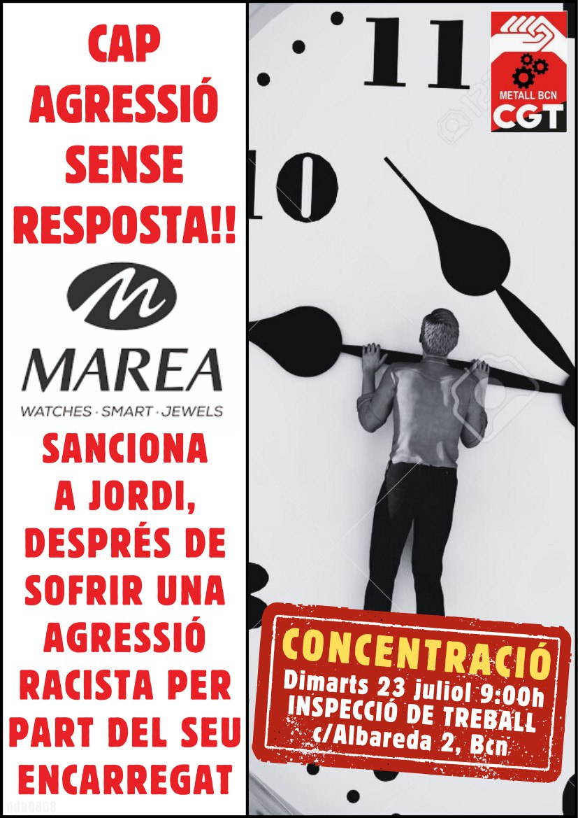 CGTBarcelona's tweet photo. 🔴⚫ Solidaritat amb Jordi.
@CGT no tolerarem l'assetjament i #repressio de #mareawatches
📌 Serveis territorials @treballcat C/Albareda 2
🗓️ 23 juliol
🕰️ 9 hores
Si toquen a un, ens toquen a tots‼️💪🏴
@cgtmetallbcn https://t.co/uiotAcjWsc