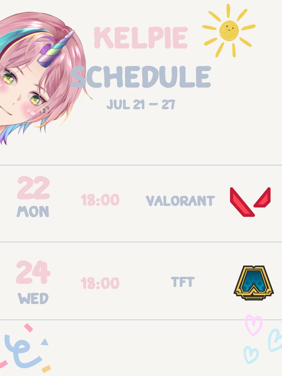 kelpie_RML's tweet photo. ตารางไลฟ์ยูนิคอร์นมาแล้วน้าา!!🦄✨

🗓 22/07/2024 - 27/07/2024⏰

22 - Valorant w/ @Snaqn_RML🔫 18:00 
24 - Teamfight Tactics 🎰 18:00

#VtuberTH #kelpieLive https://t.co/fAd2dK5oju