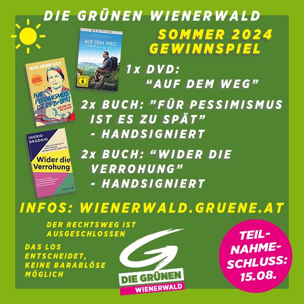 Mach mit, beim #Sommer-#Gewinnspiel 2024 der Grünen Wienerwald! 
Du kommst aus dem Raum #Wienerwald und interessierst dich für #Grüne Themen? Sag uns, bis zum 15.08. über Facebook, Insta, X oder Email, welchen Preis du gewinnen möchtest, und warum!
👉 wienerwald.gruene.at