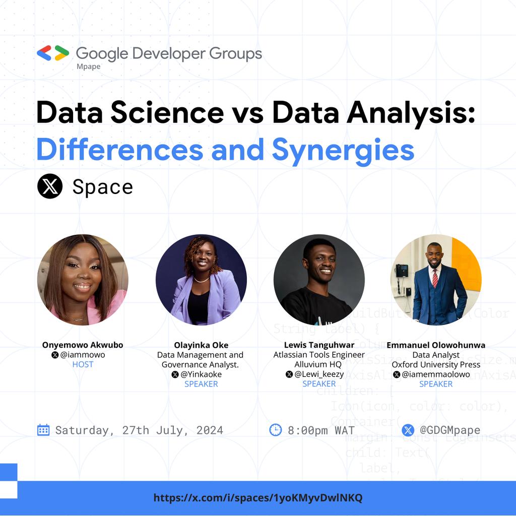We'll be having a chat on Data with <a href="/Yinkaoke/">DataBender</a> <a href="/IamEmmaOlowo/">Olowo Emmanuel</a> and <a href="/Lewi_keezy/">Lewis Tanguhwar</a>. 

You don't want to miss out on this conversation happening on: 
Date: Saturday, 27th of July, 2024
Time: 8:00pm WAT

Set a reminder here: 
x.com/i/spaces/1yoKM…