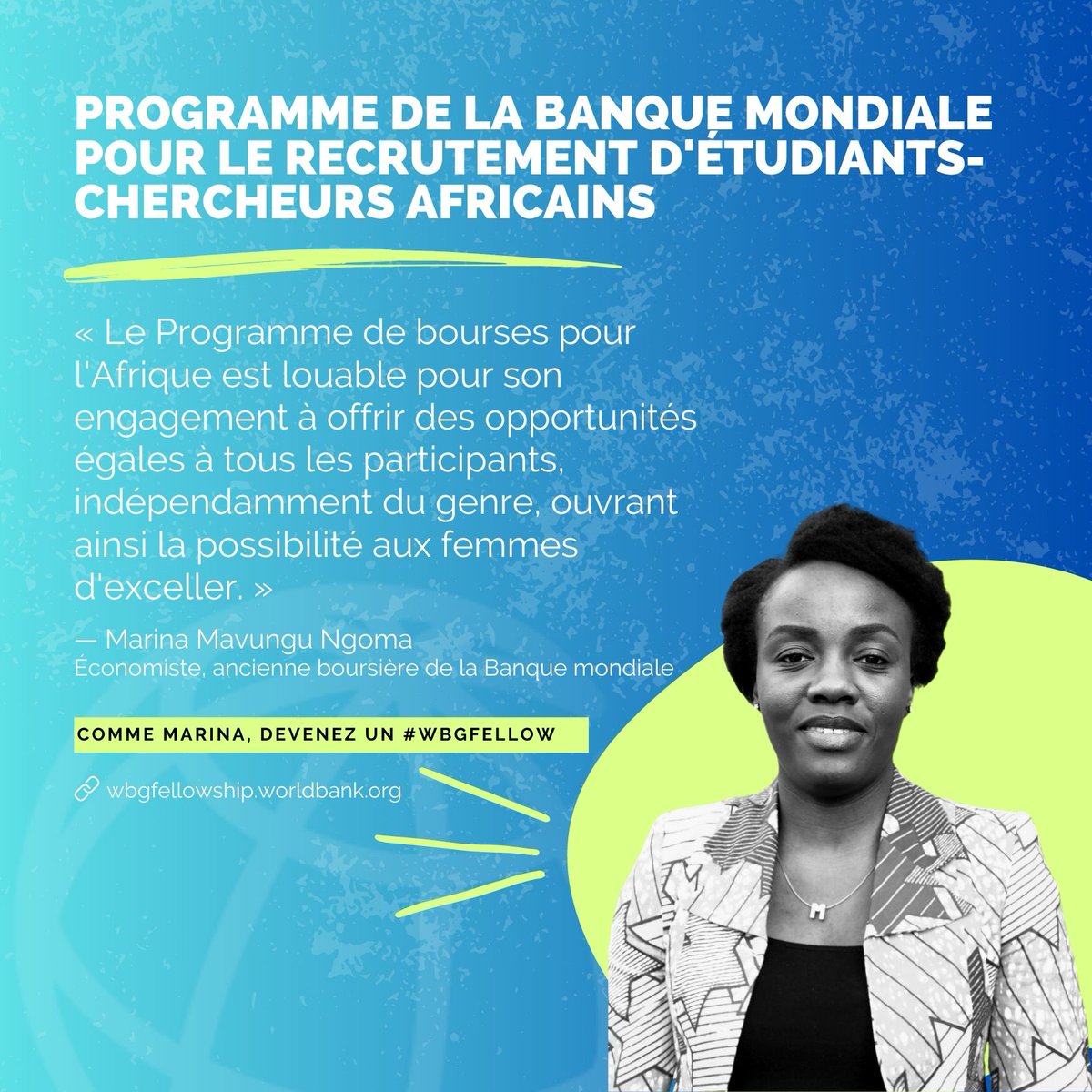 Africain.e.s, doctorant.e.s ou diplômé.e.s dans le secteur du développement, postulez au programme de bourses d'études 2025 de la <a href="/BM_Afrique/">Banque mondiale AFR</a> ! Intégrez notre équipe et postulez ici : wrld.bg/pEyM50SChiw #WBGfellow