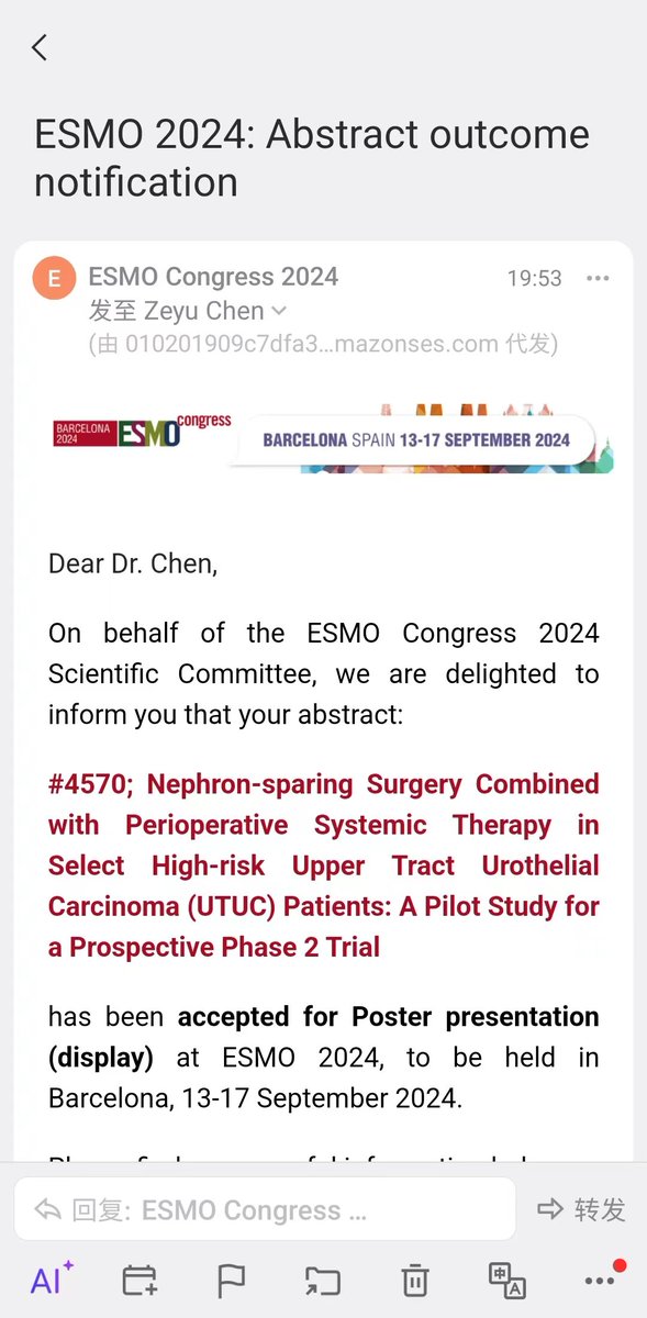 YigeBao's tweet photo. Exciting news! Our data from the high-risk UTUC nephron-sparing trial has been accepted at ESMO 2024! Demonstrating the potential to preserve kidneys in carefully selected high-risk UTUC patients. #ESMO2024 #UTUC #NephronSparing https://t.co/LXff1ZVXws