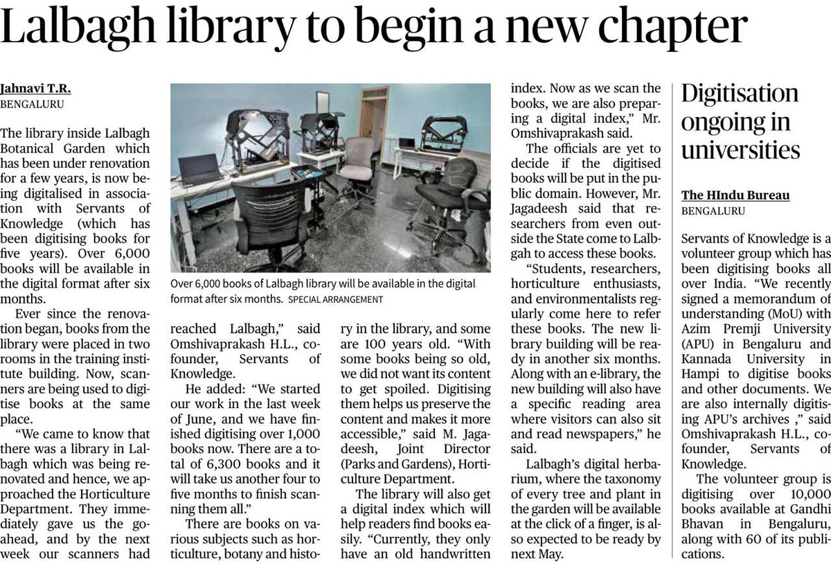 Omshivaprakash (@omshivaprakash) on Twitter photo Bengaluru’s Lalbagh library to take digital form soon - thehindu.com/news/cities/ba… #ServantsOfKnowledge #Digitization #Lalbagh #OpenKnowledge #OpenAccess
ht: <a href="/Jahnaviravindra/">Jahnavi Ravindra</a> <a href="/the_hindu/">The Hindu</a> <a href="/THBengaluru/">The Hindu-Bengaluru</a> Bengaluru’s Lalbagh library to take digital form soon - thehindu.com/news/cities/ba… #ServantsOfKnowledge #Digitization #Lalbagh #OpenKnowledge #OpenAccess
ht: <a href="/Jahnaviravindra/">Jahnavi Ravindra</a> <a href="/the_hindu/">The Hindu</a> <a href="/THBengaluru/">The Hindu-Bengaluru</a>