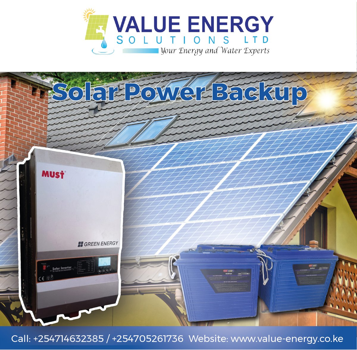 ValueEnergyke's tweet photo. Embrace solar energy for better future. Harness the power of the sun, to give you a better living.
Power backup for your home &amp; office.  
Call/WhatsApp: 0714 632385

#solarinverter #solarbattery #solarenergy #cleanenergy #sustainability https://t.co/I2U2N9HthK