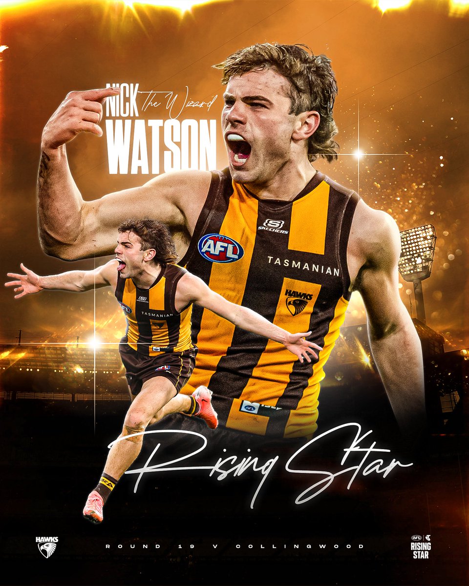 HawthornFC's tweet image. The Wizard runs wild at the G! 🧙🪄
He's your Telstra AFL Rising Star Nominee for Round 19! 

⚡️: bit.ly/RisingWizardWa…