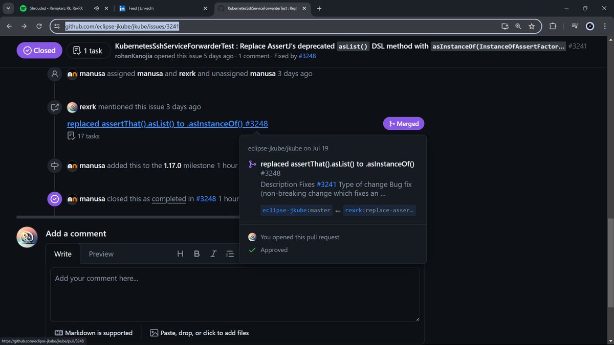 ra_man_kumar's tweet image. 🚀 Just made my second open-source contribution to the Eclipse JKube project! 🎉

Learned about contributing code of conduct, collaborative coding, and version control. Excited for more!
#Java #junit #EclipseJKube #OpenSource #DeveloperJourney #GitHub 🌟