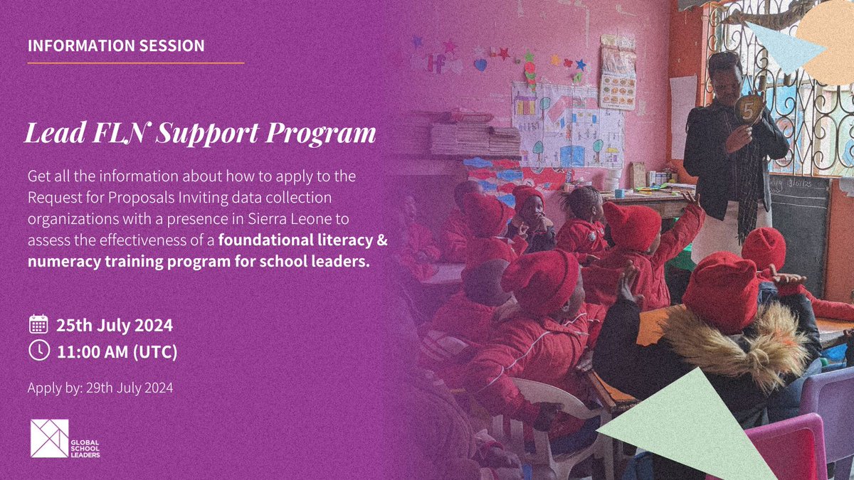 📢 Inviting data collection organizations in #SierraLeone to assess the effectiveness of training school leaders on strategies to improve foundational learning. #FLN 

✨ Register for an Information Session on 25th July at 11 AM UTC to learn more: zoom.us/meeting/regist…