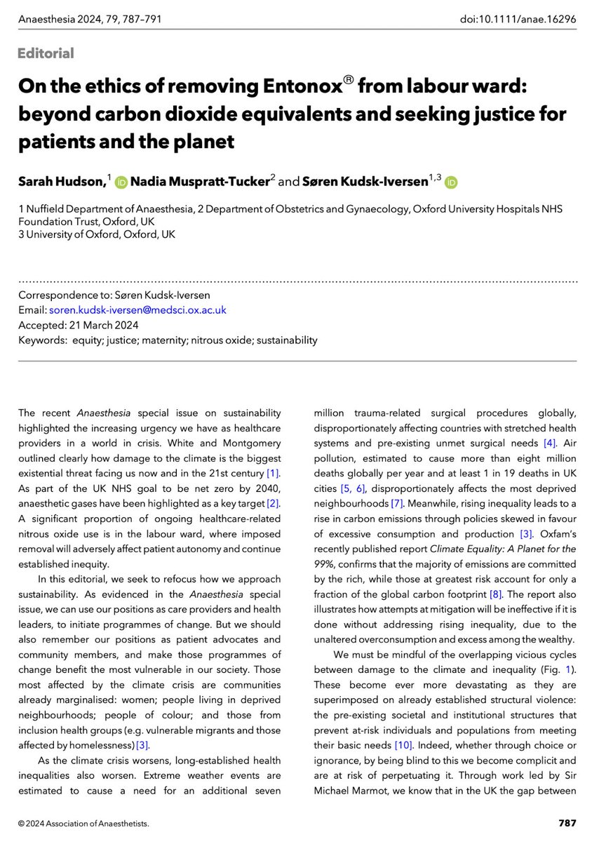 Anaes_Journal's tweet image. 🔓On the ethics of removing Entonox® from labour ward: beyond carbon dioxide equivalents and seeking justice for patients and the planet.

This great new editorial features in the August issue and is now #FreeForAWeek!

🔗…-publications.onlinelibrary.wiley.com/doi/10.1111/an…
