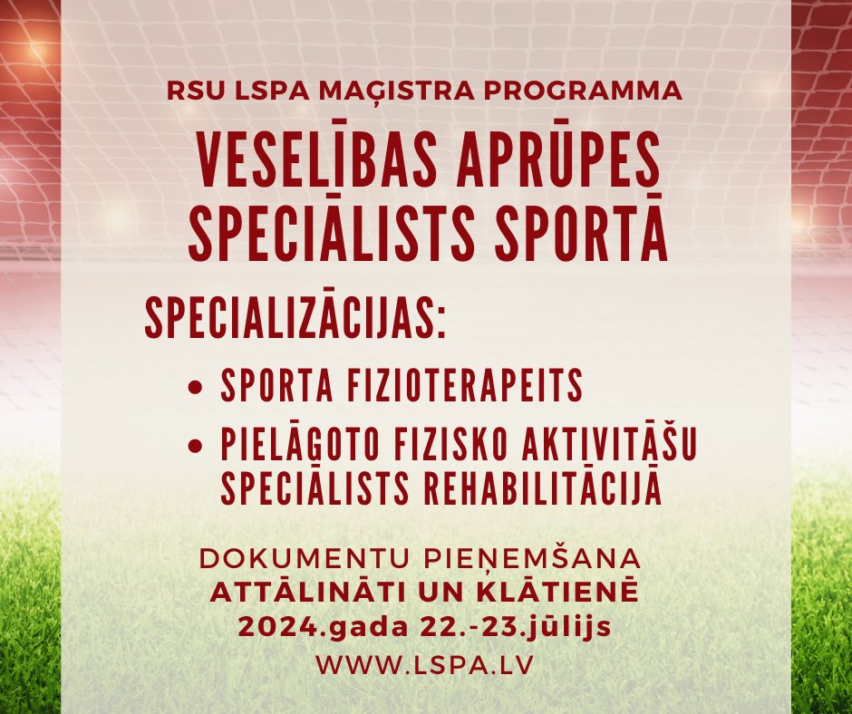 LSPA_lv's tweet photo. 22.,23.jūlijā turpinās dokumentu pieņemšana @LSPA_lv maģistrantūrā „Veselības aprūpes speciālists sportā”.
Specializācijas "Sporta fizioterapeits" vai "Pielāgoto fizisko aktivitāšu speciālists rehabilitācijā".
💳Ir valsts budžeta vietas.
Vairāk: https://t.co/DpgLBtvw2H
#LSPA #RSU https://t.co/f85AJBBxtQ