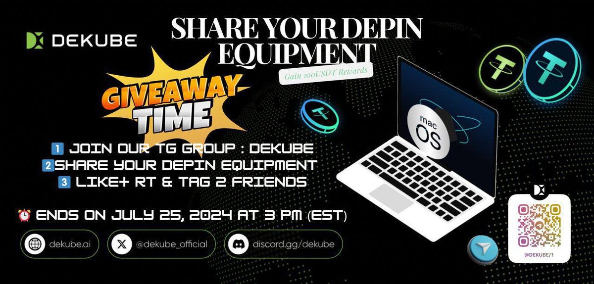 dekube_official's tweet photo. Let’s GIVEAWAY some more $$$ for DePIN builders!💰💰💰

1️⃣ Join #DEKUBE TG group : https://t.co/c5aEGfOGzb
2️⃣Share your DePIN equipment in the comment
3️⃣ like+ Rt &amp; tag 2 friends

⏰ Ends on July 25, 2024 at 3 pm (EST)

 🎁5 winners for 100 USDT 

#DePIN  #AI  #Giveaway # https://t.co/NnKQy5S6EP