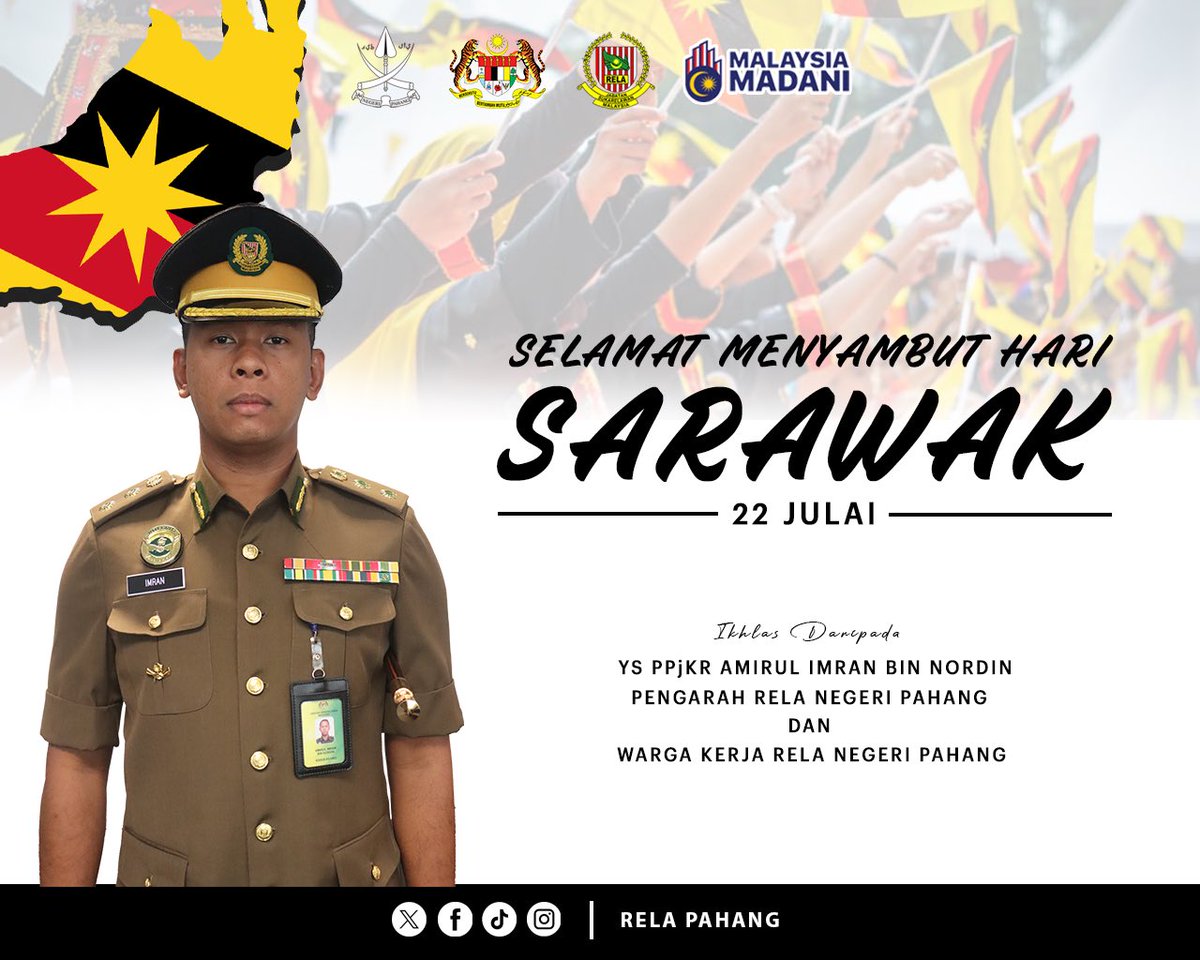 SELAMAT MENYAMBUT HARI SARAWAK KE-61

"Sarawak Maju Makmur"

Ikhlas daripada Pengarah dan seluruh warga kerja Jabatan Sukarelawan Malaysia (RELA) Negeri Pahang.

#RELANegeriPahang
#SetiaBerbakti
#MalaysiaMADANI
#KeselamatanTanggungjawabBersama