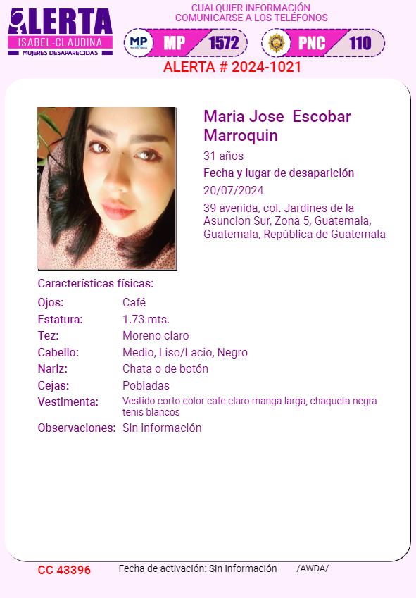 isabel_claudina's tweet photo. #AlertaIsabelClaudina
🚨 Ayúdenos a encontrar a
MARIA JOSE ESCOBAR MARROQUIN
Desapareció el 20 de julio de 2024
Cualquier información comunicarse al teléfono 📞 1572
Gracias por difundir esta información❗ https://t.co/N55fBTW2ji