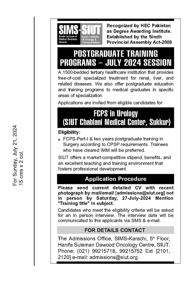 Full Accreditation is given to Urology deptt SIUT-SUKKUR for Residency training by CPSP. We at SIUT tend to revitalize the Academic landscape of Sindh