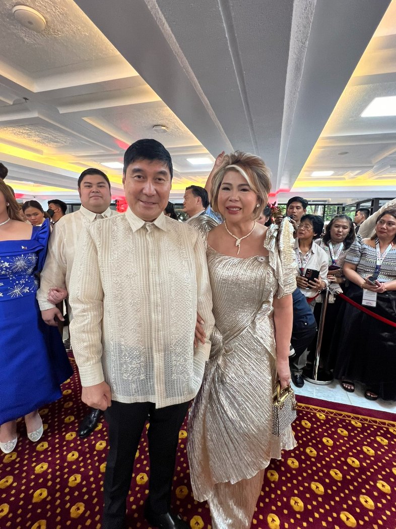 mjfelipe Senator Raffy Tulfo wearing Michael Leyva barong and wife  Congresswoman Jocelyn Tulfo wearing Rajo Laurel inspired by 'Perlas ng  Silangan'. #SONA2024