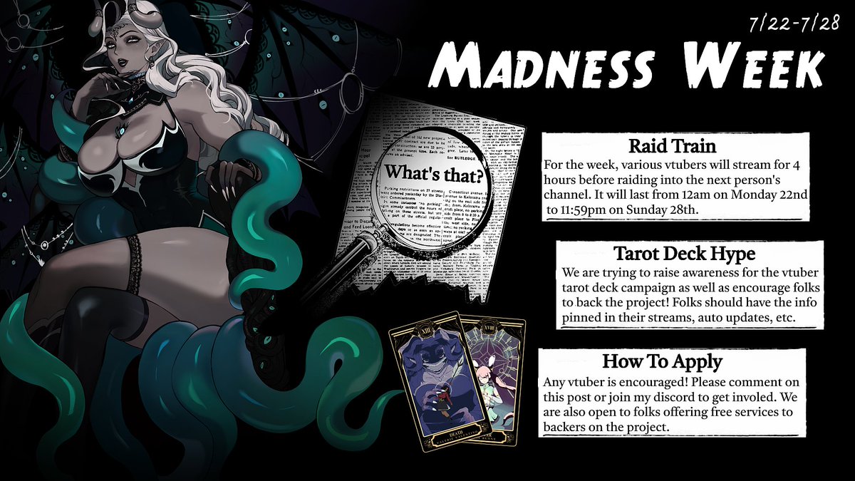 gargoghyle's tweet image. ‼️ MADNESS WEEK STARTING NOW ‼️

We are starting this week-long event off with #LostinRandom! A beautiful game I've heard nothing but raving reviews for.

Join us for the fun &amp;amp; help support our vtuber tarot deck!

#envtuber #vtuberen #vtubers #vtubersupportbeam