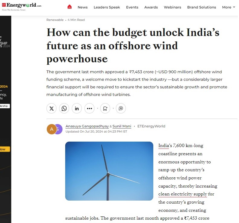 Read our oped in <a href="/ETEnergyWorld/">ETEnergyWorld</a> on #offshorewind (OfW)
👉etenergyworld.com/s/bxwf1t0
#Budget2024 should aim to boost OfW's share in India’s #RE mix &amp; stimulate domstic manufacturing of offshore turbines. This can generate #greenjobs &amp; enhance peak #electricitydemand mngmnt
<a href="/mnreindia/">Ministry of New and Renewable Energy (MNRE)</a>