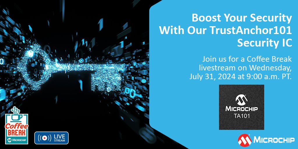 MicrochipTech's tweet image. Learn about market trends, regulations &amp;amp; how the #TA101 upgrades your designs to 256-bit #security strength with FIPS 140-3 and JIL High rated #securekeystorage. Watch Coffee Break on July 31, 2024 at 9:00 a.m. PT. RSVP: mchp.us/45Yl7tj. YouTube: mchp.us/3LfEbtt.