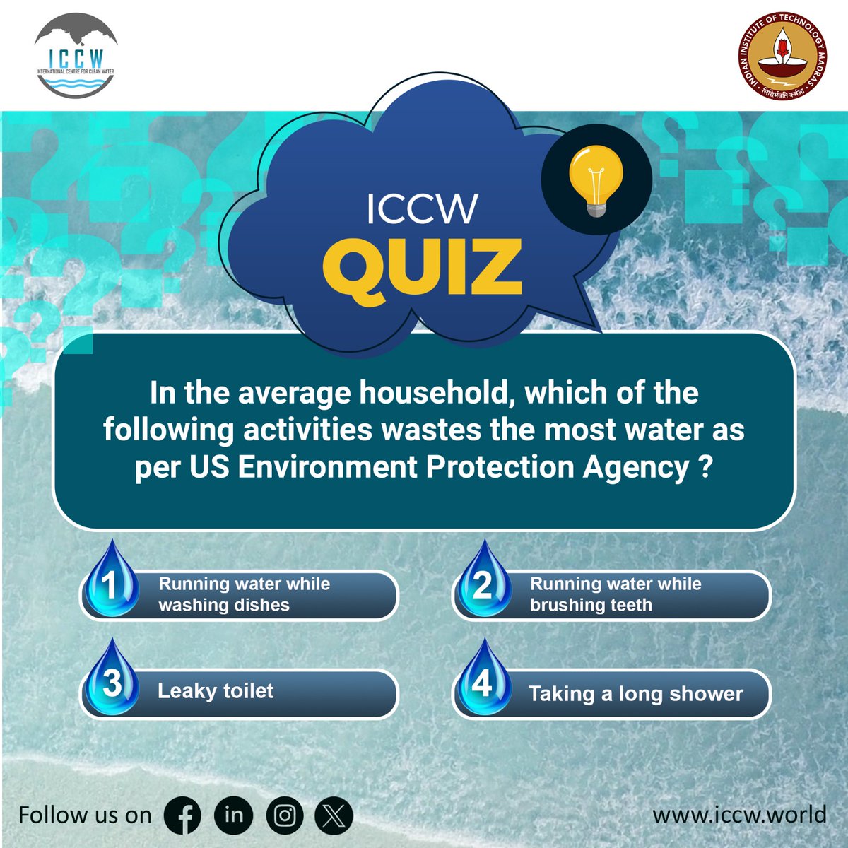 Challenge Your Water Savvy!

💧 Which household activity wastes the most water, according to the us Environment Protection Agency??

Drop your answer in the comments!

📣 Correct answer in 3 days! Stay tuned.

#waterquiz #savewater #cleanwaterforall #waterconservation #staytuned