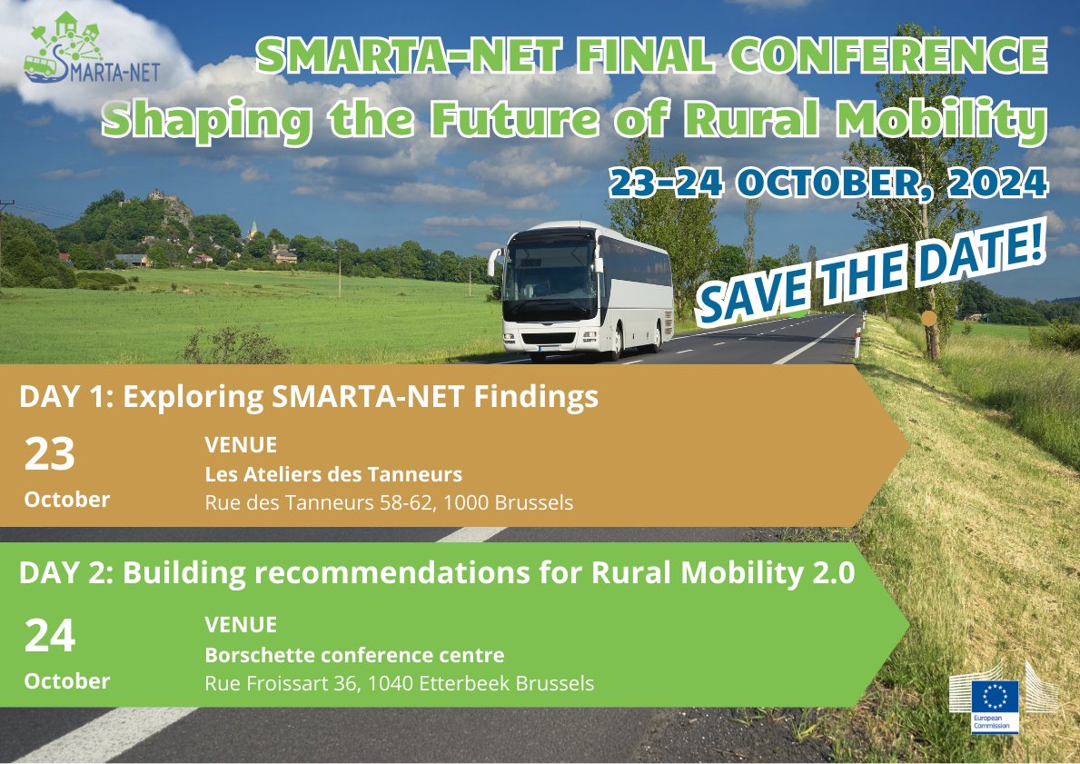 SMARTA-NET (@smartanet23) on Twitter photo 🌟SAVE THE DATE!🌟
SMARTA-NET Final Conference: 23-24 Oct 2024 in #Brussels. Join us to shape the future of rural mobility! For more information click here: smarta-net.eu/final-conferen… <a href="/SmartaNet23/">SMARTA-NET</a> 🌟SAVE THE DATE!🌟
SMARTA-NET Final Conference: 23-24 Oct 2024 in #Brussels. Join us to shape the future of rural mobility! For more information click here: smarta-net.eu/final-conferen… <a href="/SmartaNet23/">SMARTA-NET</a>