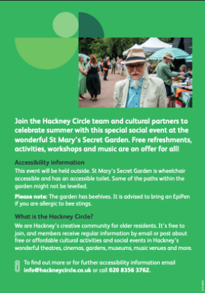wickaward's tweet photo. Hackney Circle Summer Social! π 23 July, 2-5:30pm St Mary's Secret Garden Free activities for older residents Info: 020 8356 3762 #HackneyCircle https://t.co/9CYuTd5c2c