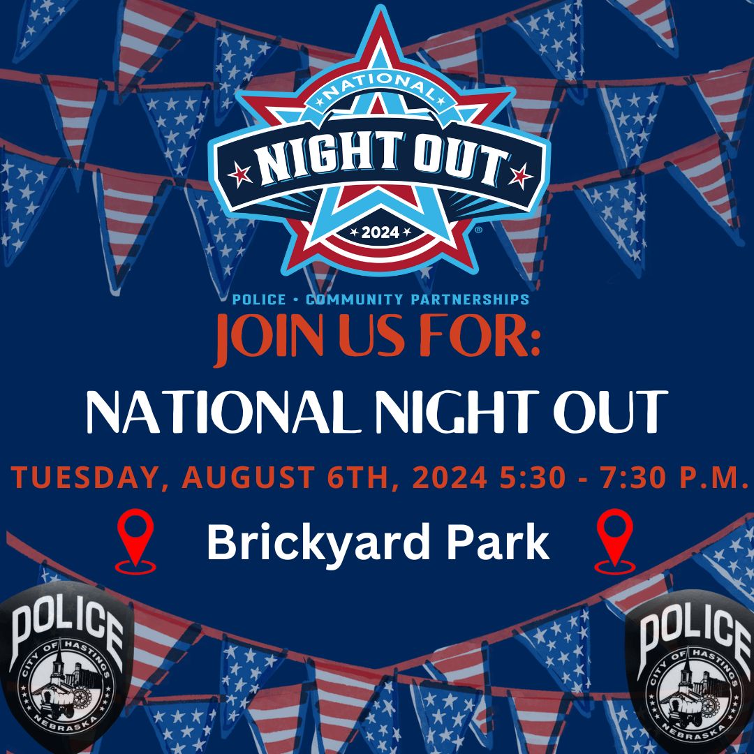 #PSA Mark your calendars! 

Join us for #NationalNightOut2024 at Brickyard park from 5:30 - 7:30 P.M. on Tuesday, August 6th, 2024. 

We look forward to seeing you there!