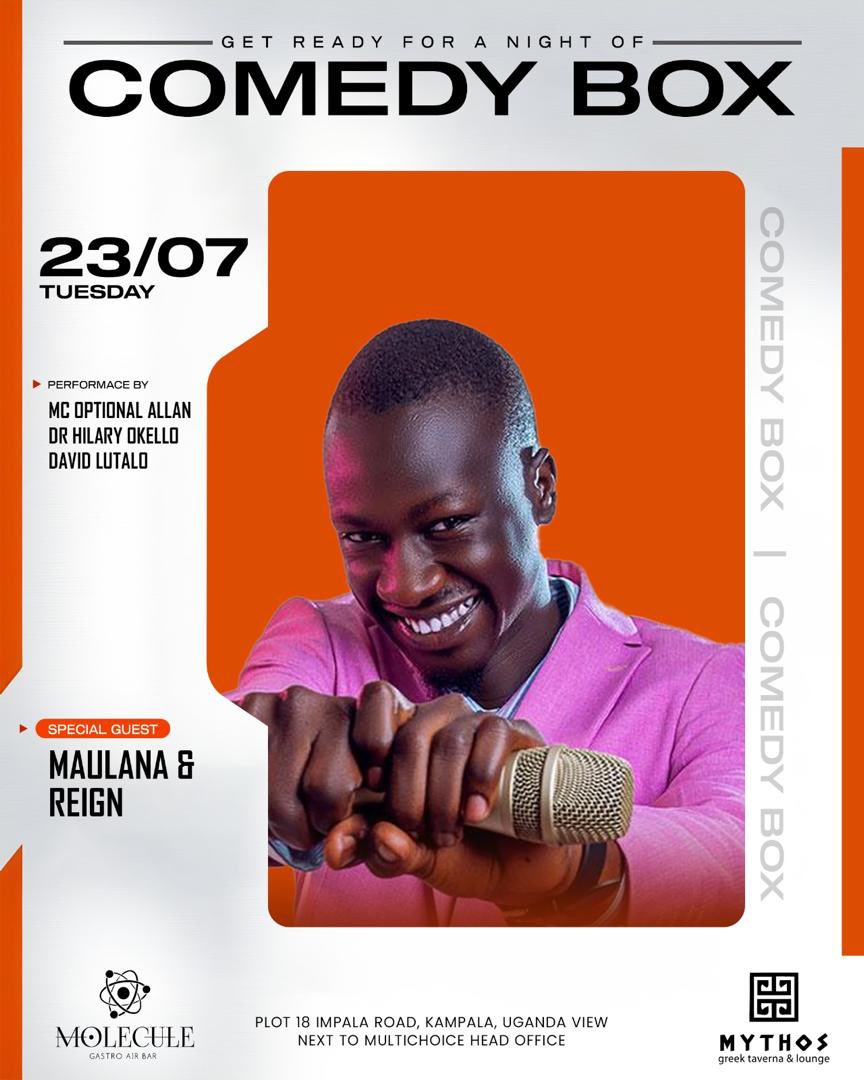 MoleculeUg's tweet photo. Comedy Box at #MoleculeUg is the place to be tomorrow 😂! Join @nd_reign , along with other comedians, plus @davidlutalolive for a night full of fun and laughter. Don’t miss out!
For reservations, call 0758683986.
#ComedyBox https://t.co/yzF4bH8sxo