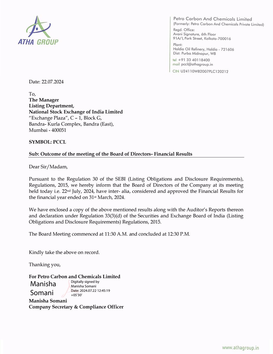 nileshkurhade's tweet photo. Petro Carbon and Chemicals Ltd informed the exchange about the approval of financial results for the year ended 31st March 2024, at its Board of Directors meeting held on 22nd July 2024. #SME #PCCL 📊📈 https://t.co/1IJ6veoa6r