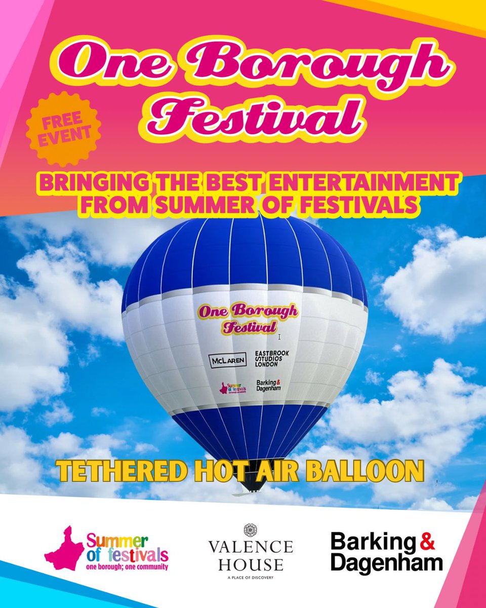 Take a ride in our tethered hot air balloon with proceeds to the Mayor’s Charity supporting @futureyouthzone. See you this Saturday at Valence Park. Rides subject to weather conditions. 
Thank you to our sponsors Eastbrook Studios and McLaren. For prices lbbd.gov.uk/oneboroughfest