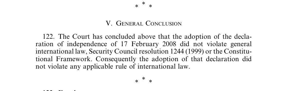 Some truths about Kosova’s legal history: OTD, 14 years ago, <a href="/CIJ_ICJ/">CIJ_ICJ</a> acknowledged that 🇽🇰's decl. of independence did not violate any applicable rule of international law. 🇽🇰⚖️🕊️. 👇

icj-cij.org/sites/default/…