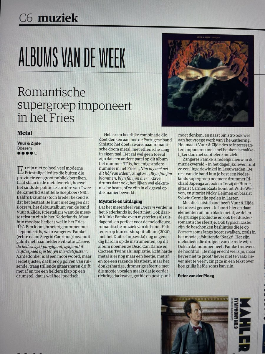 Vier bolletjes in de <a href="/nrc/">NRC</a> voor het debuutalbum “Boezem” van de Friese metalband Vuur &amp; Zijde. Vooral de Friestalige nummers springen er volgens de recensent uit.