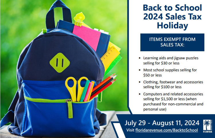 📚✨ Attention, Florida shoppers! The Back to School Sales Tax Holiday is on from July 29th to August 11th, 2024! Enjoy tax-free shopping on school essentials like supplies, clothing, and more. Don't miss this chance to save big for the new school year! #Florida #BackToSchool 🎒