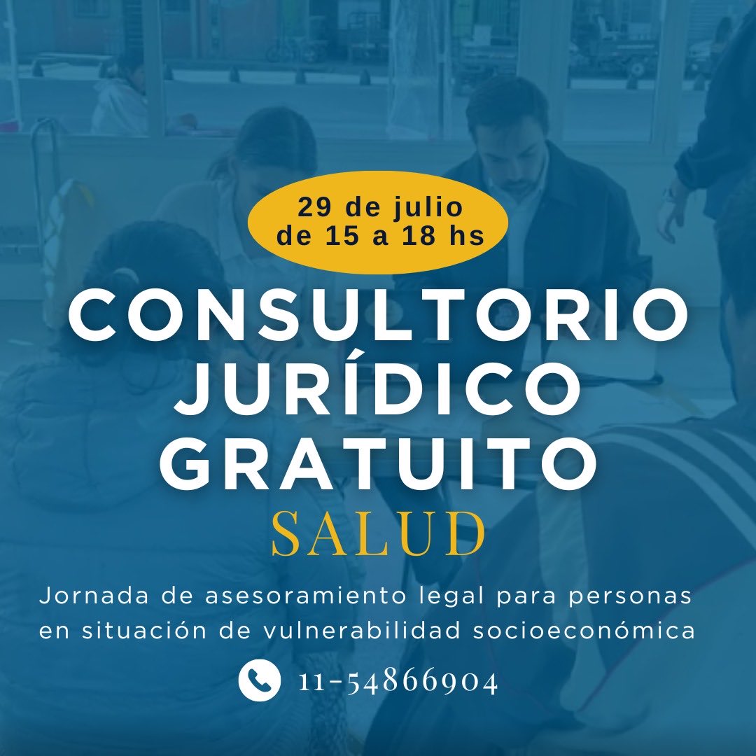 ¿Tenés una duda o inconveniente legal relacionado a la salud? 

Te esperamos para asesorarte de manera GRATUITA

🗓️ LUNES 29 DE JULIO de 15 a 18
📍 Colegio de Abogados de la Ciudad de Buenos Aires. Montevideo 640.
✔️ Tenés que inscribirte en este link forms.gle/isYNCMzgemBJ6b…