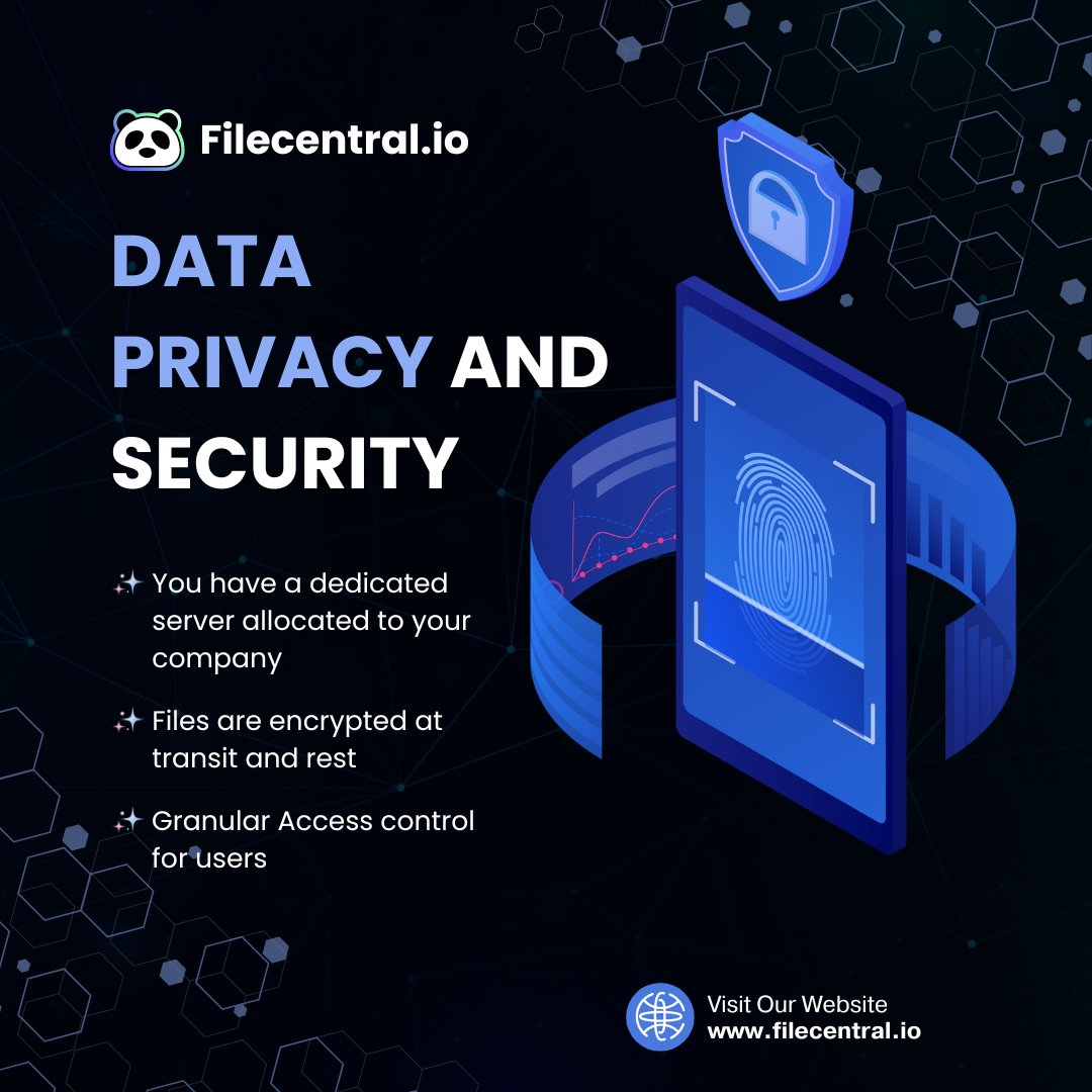 filecentral's tweet photo. Data Privacy and Security with Filecentral: Dedicated servers for your company, granular access control for users, and encryption for files in transit and at rest. 🛡️🔒 Visit https://t.co/1Zq1cETh9r to learn more. #DataPrivacy #Security #Filecentral #AI https://t.co/JAYX6oLIEO