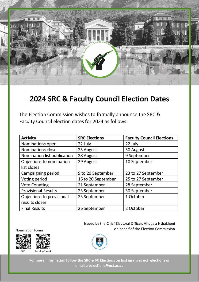 The Election Commission has approved the 2024 SRC &amp; Faculty Council Election Timetable. Nominations are officially open as of today! <a href="/uctnews/">Uganda Current Times</a> <a href="/UCT_SRC/">UCT SRC</a> <a href="/UCTRadio/">UCT Radio</a> <a href="/UCT_HSSC/">Health Sciences Students’ Council</a> <a href="/uct_ebesc/">EBE Students Council</a> <a href="/UCTCSC/">UCT CSC</a> <a href="/HSCwithme/">UCT HSC</a> <a href="/UCT_LSC/">UCT LSC</a> <a href="/uctjustscience/">UCT SSC</a>