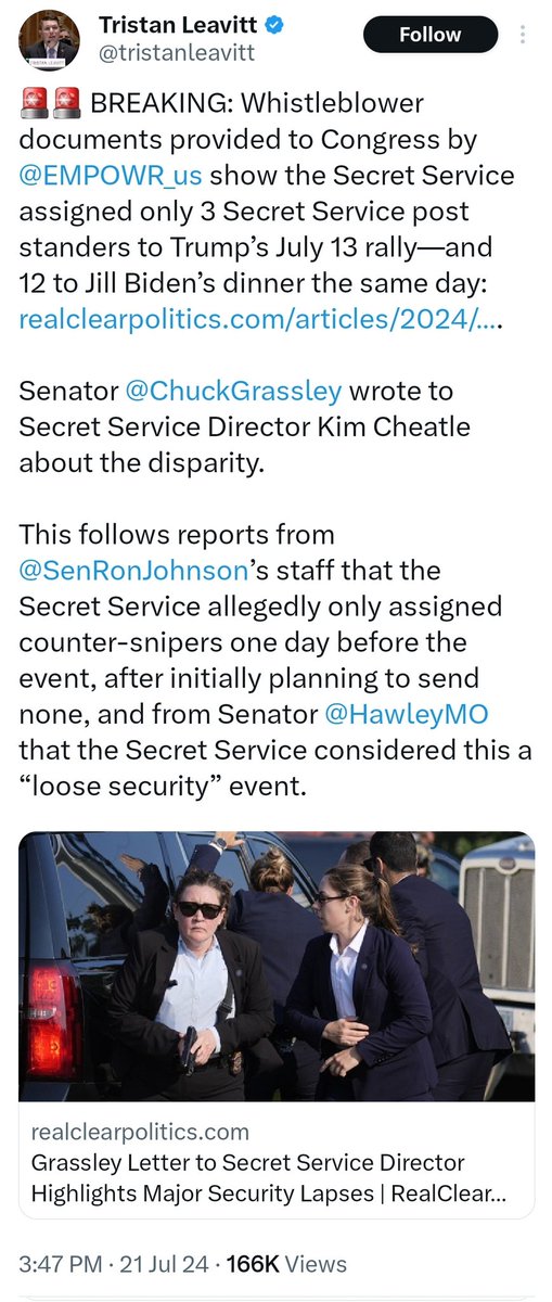 joelmowbray's tweet photo. We're only starting to dig into the cover-up of Biden's cognitive decline.  Everyone knows Kamala Harris is going to be under the microscope.  

But key to the cover-up was Kim Cheatle.  Look at her record (detailed below), and it's clear she was hired to help conceal from the public Biden's true condition.

No one has more direct access to -- and intimate knowledge of -- the President than his protection detail.  Cheatle would know this, since she had served on both Joe and Jill Biden's details during the Obama years.

THAT is why she was hired.  The Biden family needed someone they could trust in charge of the Secret Service.

@stevennelson10 reported that Jill Biden and top advisor Anthony Bernal pushed hard for Cheatle's hiring.  His excellent @nypost story then implied that it was for some DEI purpose.  

But this misses the point about how the Bidens have operated, prioritizing secrecy regarding @POTUS's true condition over pretty much everything else.  That's why even the White House residence staff was kept at arm's length.

It also helps explain what @SusanCrabtree had reported -- and initially denied by the Secret Service -- that the agency had diverted resources and manpower to a Jill Biden event that same day.  

This inexplicable decision was just confirmed by whistleblowers through @EMPOWR_us, whom Senator @ChuckGrassley cited in a letter this weekend.  

In short, the USSS assigned only 3 Secret Service post standers to Trump’s rally in Butler, PA, compared to 12 post standers for Jill Biden’s (much, much smaller) dinner event an hour away in Pittsburgh.

Given the known threats to Trump -- even aside from the apparently credible threat from Iran -- this disparity only makes sense thru the prism of Cheatle's bias from a close, personal bond with the Bidens.

The Bidens forged such a bond with @POTUS's personal doctor, Dr. Kevin O'Connor.  Per terrific reporting by @SchreckReports, O'Connor became close, personal friends with the Bidens during the Obama administration, and he even pursued business together with James Biden.

Everyone serious understands that Dr. O'Connor's rosy pronouncements about Biden's health were central to the cover-up of Biden's rapidly detoriating condition.

Now, it is time to ask these questions about what Cheatle was expected to help cover up.  Congress should be asking these questions, though if the past week is any indication, it will probably be @dbongino and/or @SusanCrabtree getting those answers first.

We certainly need (and deserve) answers regarding Cheatle's cozy relationship with the Bidens -- especially to what extent hiring her for covering up Biden's cognitive decline helped lead to the assassination attempt on July 13.