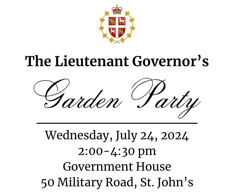 LtGovNL's tweet photo. The annual tradition continues - The Lieutenant Governor's Garden Party is this week in St. John's!

All are welcome at Government House Wednesday at 2pm. Refreshments, entertainment, and more, come join us for this yearly summer celebration.

https://t.co/gfgbSdUbp0 https://t.co/MXKA3yivnd