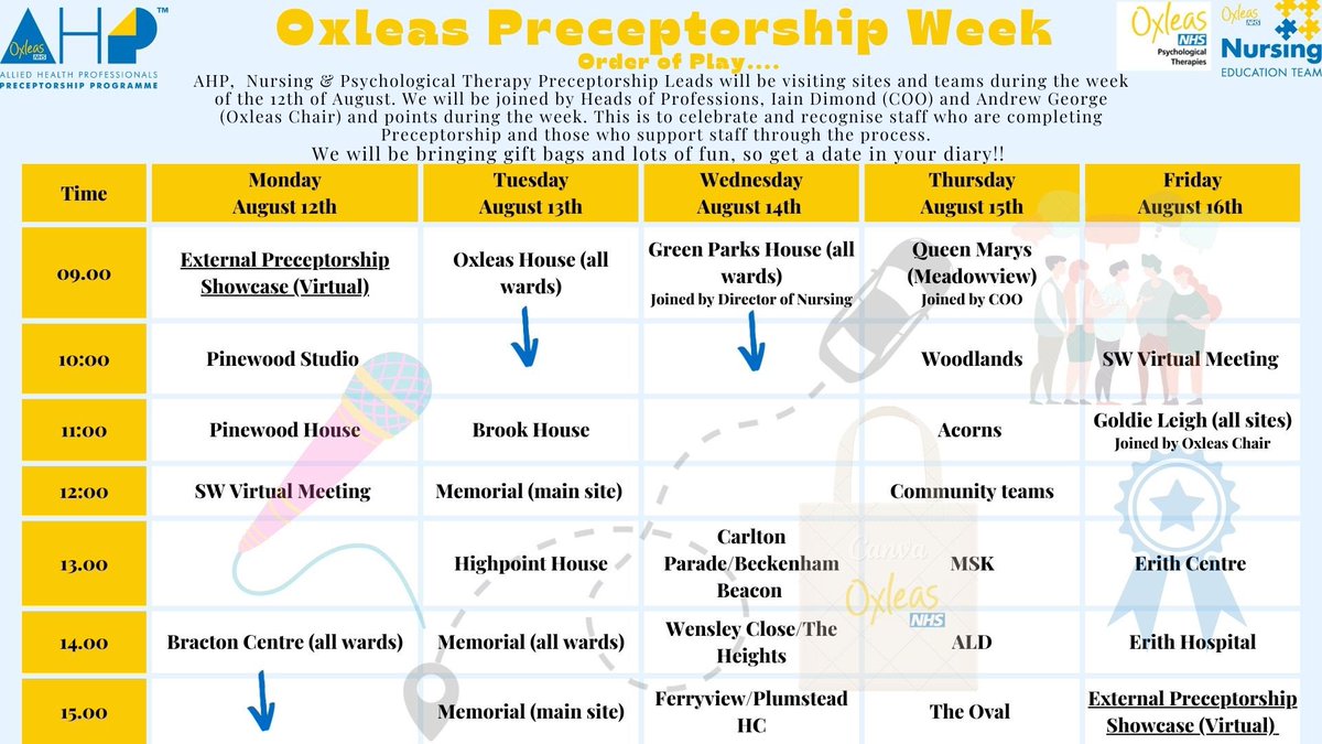 🌟 Oxleas Preceptorship Week 🌟

Delighted to announce the first ever Oxleas-wide Preceptorship week in collab with Nursing &amp; Psychological Therapies! 

▶️ 12th - 16th of August 
▶️ Joined by the Oxleas Chair, COO, Directors &amp; HoP 

More info below ⬇️ <a href="/OxleasNHS/">Oxleas NHS</a>