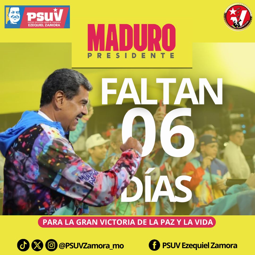 🟨🟦🟥🟨🟦🟥🟨🟦🟥
Aquí nuestro contador Zamorano!!!

A Solo 6️⃣ días para la victoria contundente.

*El nuestro es*
_Nicolás Maduro presidente_ 

<a href="/NicolasMaduro/">Nicolás Maduro</a> 
<a href="/dcabellor/">Diosdado Cabello R</a> 
<a href="/jorgerpsuv/">Jorge Rodríguez</a> 
<a href="/ErnestoLunaPsuv/">Ernesto Luna G.</a> 
<a href="/Oscarcpsuv/">Oscarcpsuv</a> 
<a href="/PartidoPSUV/">PSUV</a> 
<a href="/psuvmonagas_ve/">𝗣𝗦𝗨𝗩 𝗠𝗢𝗡𝗔𝗚𝗔𝗦</a>