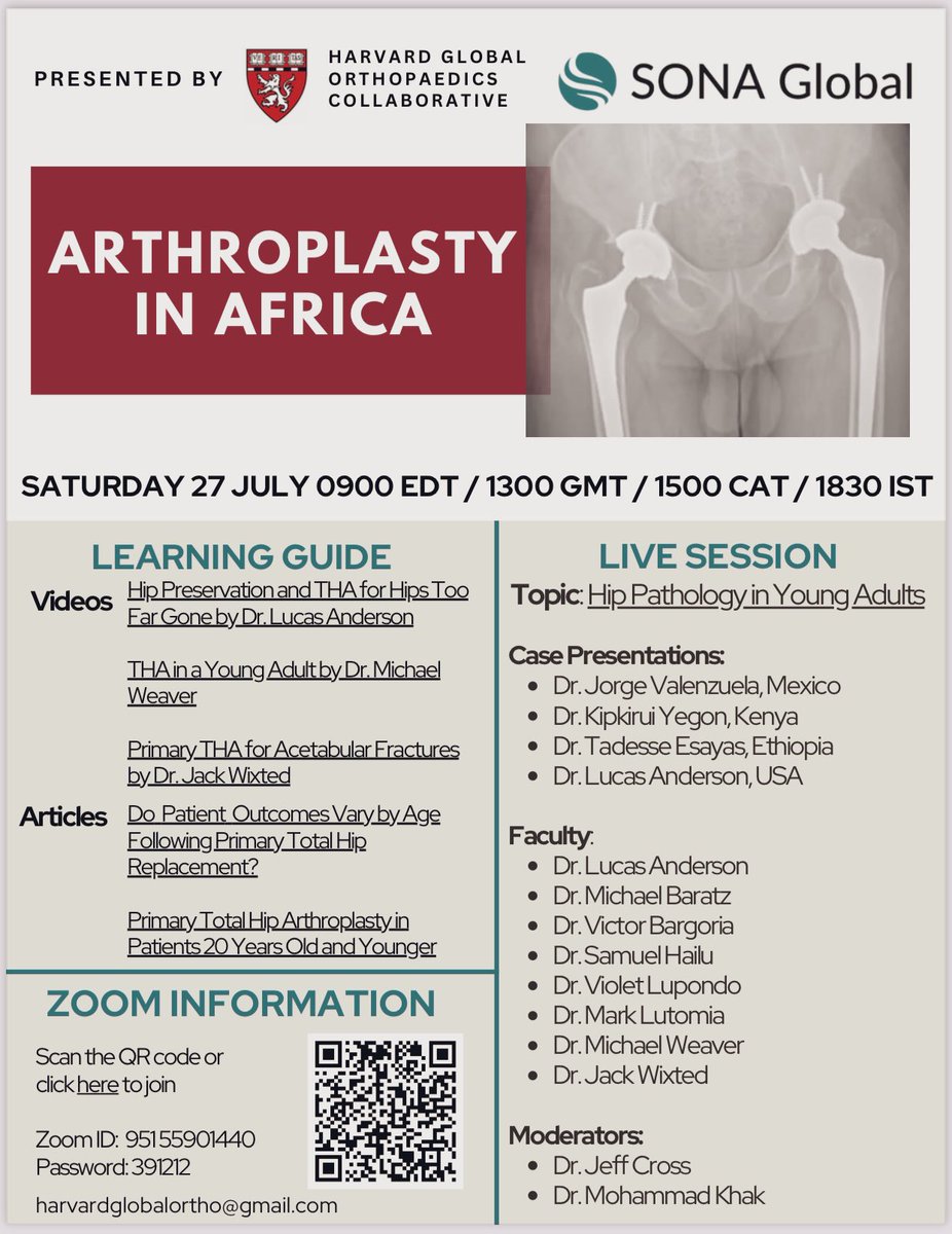 Please join us for our live case discussion on #THA in young adults this Saturday 27 July! calndr.link/event/2ElofBSn…

Prepare for the live session with our free pre-recorded lectures here: youtube.com/playlist?list=…

<a href="/OrthoGlobal/">Harvard Global Orthopaedics Collaborative</a> <a href="/Ortho_BIDMC/">Ortho_BIDMC</a> <a href="/harvardortho/">harvardortho</a> SONAGlobal.org