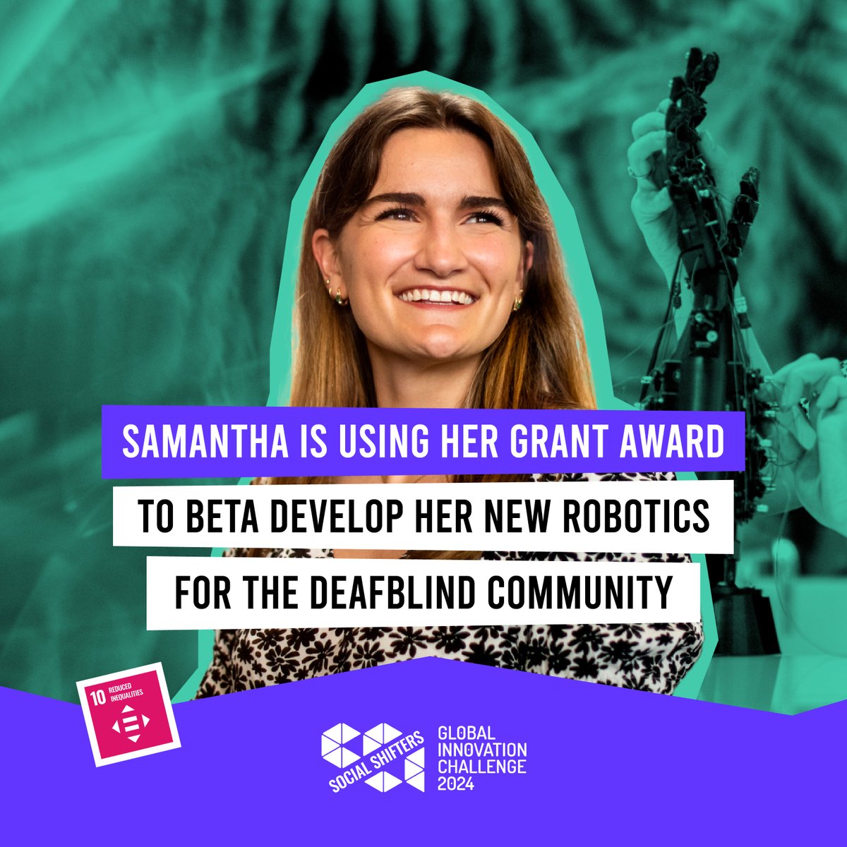 socialshifters's tweet photo. 🤖✨ Samantha of Tatum Robotics used her prize money from the Global Innovation Challenge to beta develop groundbreaking robotics for the DeafBlind community. 

Submit your idea today to the Global Innovation Challenge, and you could be next! 🚀💡
https://t.co/KPPDPMsgcp https://t.co/5pZnsxcIy8