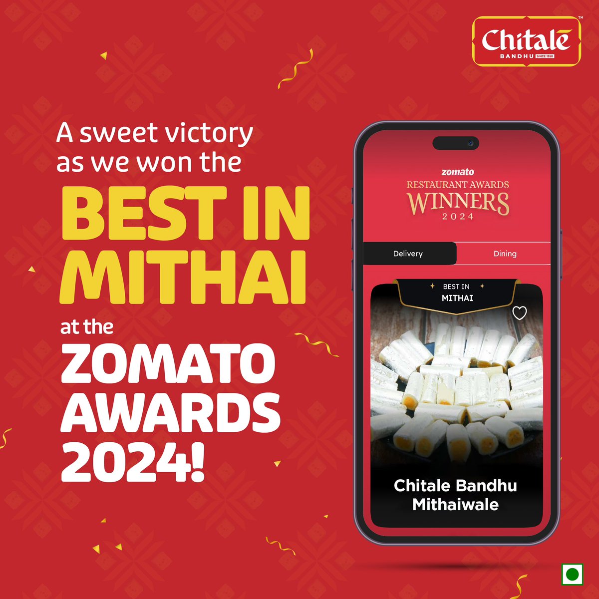 Thank you so much for helping us win. Here’s to more sweet treats and delicious moments together!

#ChitaleBandhu #Zomato #Mithai #Food #Sweets
