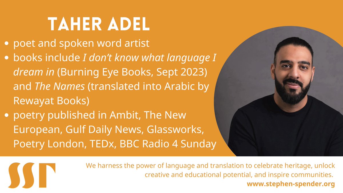 Taher Adel is co-judging this year's Stephen Spender Prize with <a href="/jennywcreative/">Jennifer Wong</a>!

Watch <a href="/wordsbytaher/">Taher Adel</a> introduce himself: youtube.com/shorts/iVnH_E0…

Want Taher &amp; Jennifer to read your poetry translations? Submit to #SSTPoetryPrize2024 by 31 July!
#SSTPoetryPrize #PortugueseSpotlight