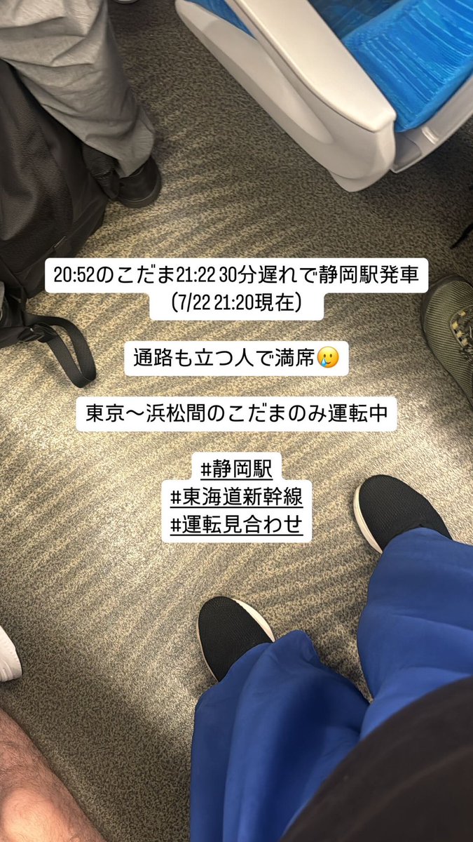 bblues117's tweet photo. これが乗車率200%というやつでしょうか。

#静岡駅　#東海道新幹線　#こだま https://t.co/rfRSr3q0HN