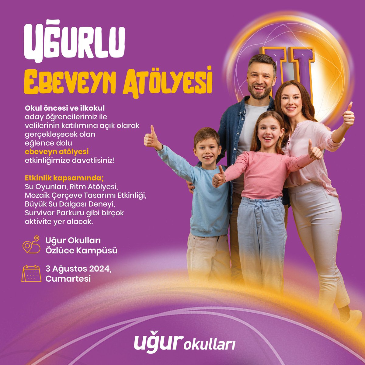 3 Ağustos 2024 saat: 10.00'da "Uğurlu Ebevyn Atölyemize" tüm okul öncesi (48-72 aylık) aday öğrencileri davetlidir.
Katılım için aşağıdaki iletişim numarasından randevu oluşturmanız gerekmektedir.
☎️ : 0 224 414 1414