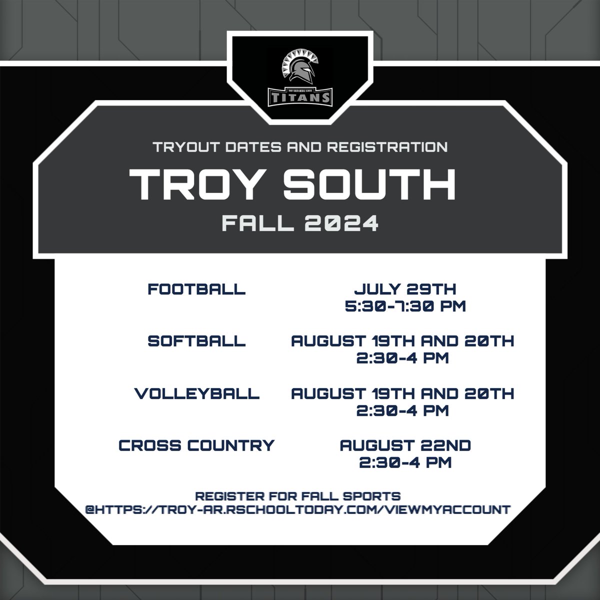 TSMSAD's tweet photo. Practice and Tryout Dates for this Fall! Registrations must be completed prior to tryouts and practice. @TroySouthMiddle #TitanStrong #ArmorUp https://t.co/urpGL9NbNn